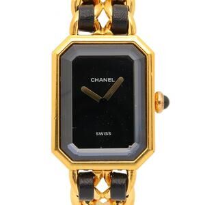CHANEL Premiere M Watch, Gold-Plated, with Leather Strap, Black, Women's, H0001